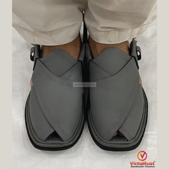 Dark Grey Leather Footwear: Authentic Handmade Gents Peshawari Chappal main image 6